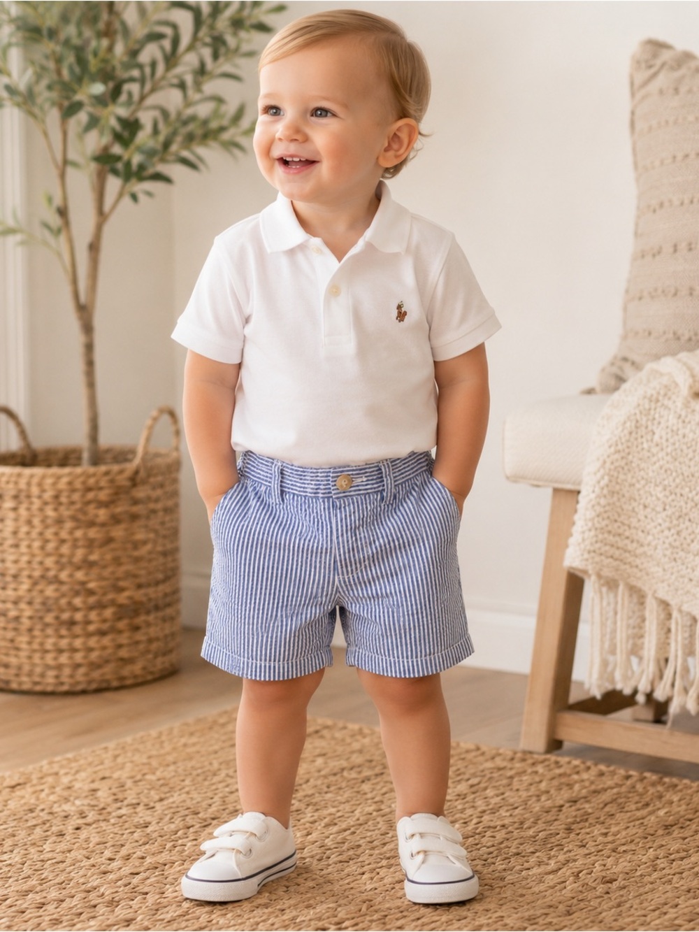 Ralph Lauren Baby Boys Blue & White Seersucker Shorts 18M Classic Preppy #1249